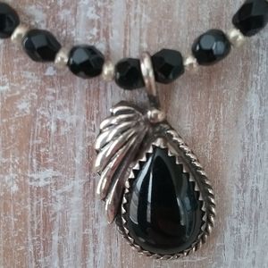 Vintage Black Bead and Pendant Necklace